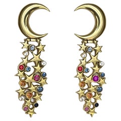 14K Gold Moon Crescent Sapphire Star Earrings