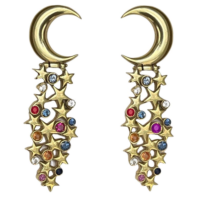 14K Gold Moon Crescent Sapphire Star Earrings For Sale at 1stDibs