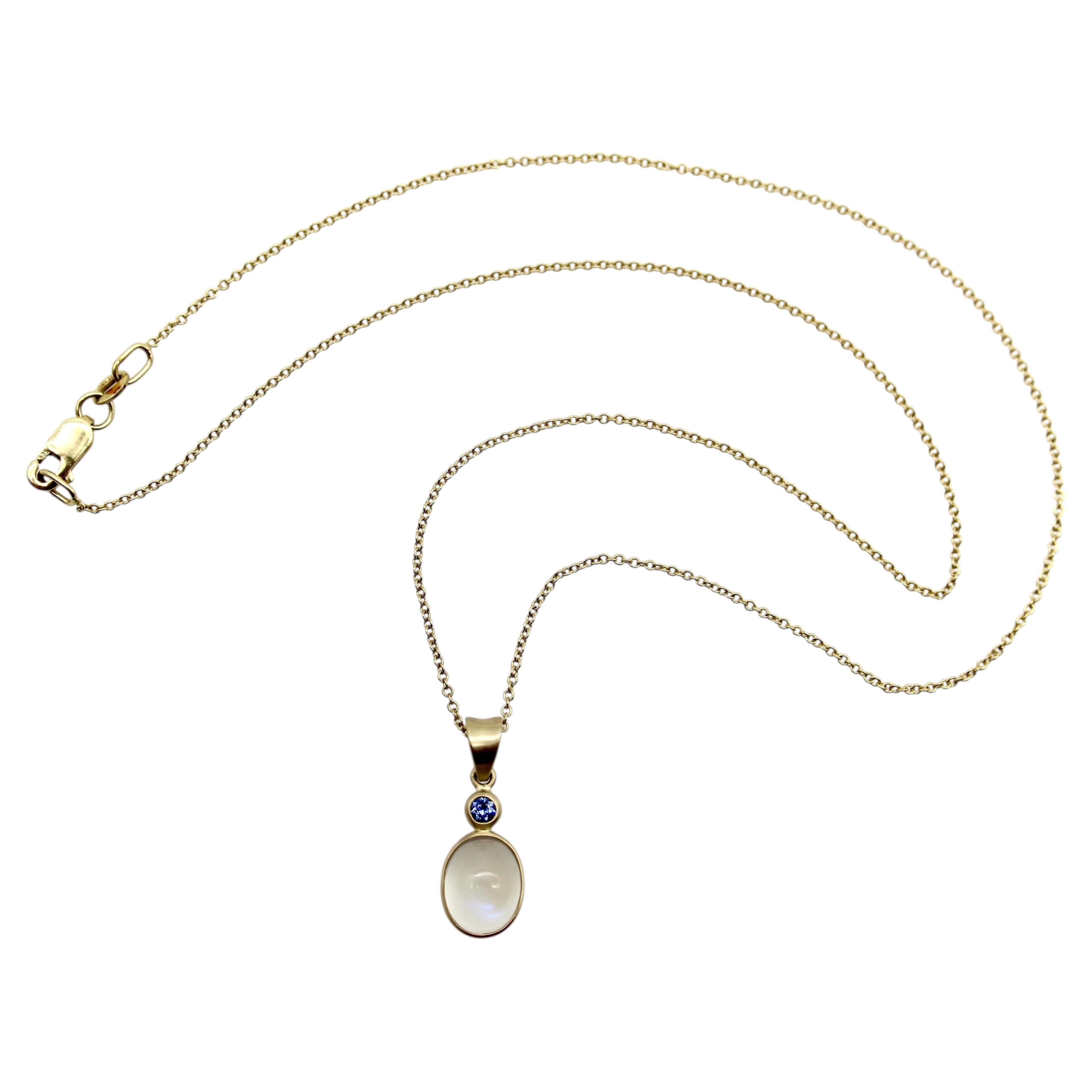 14K Gold Moonstone Cabochon and Sapphire Pendant