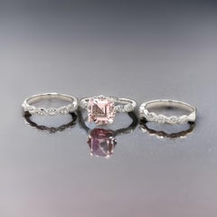 14K Gold Morganite Ring Set- Diamond Classic Eternity Band- Three Piece Ring