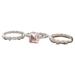 14K Gold Morganite Ring Set- Diamond Classic Eternity Band- Three Piece Ring