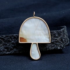 14K Gold Mother of Pearl Pink Sapphire Mushroom Pendant Whimsical Luxury Gift