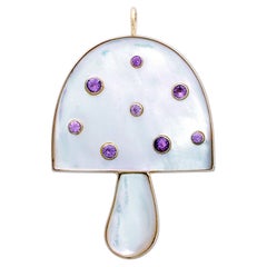 14K Gold Mother of Pearl Pink Sapphire Mushroom Pendant Whimsical Luxury Gift