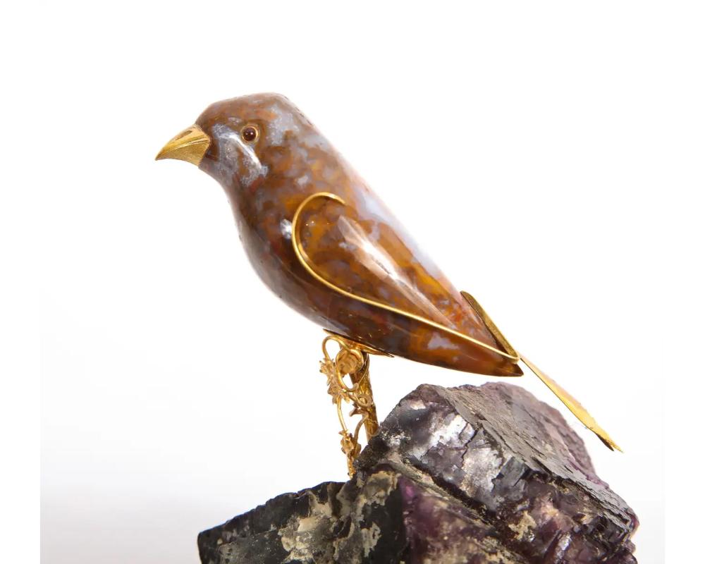 14k Gold Mounted Agate Bird on Carved Amethyst Rock For Sale 5