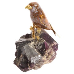 14k Gold Mounted Agate Bird on Carved Amethyst Rock
