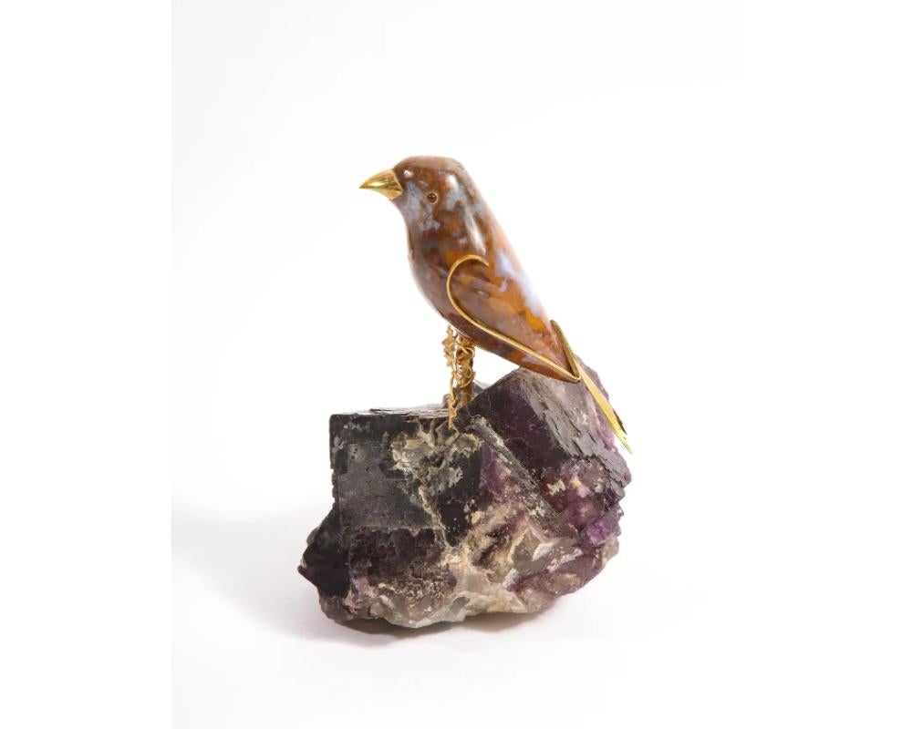 Unknown 14k Gold Mounted Agate Bird on Carved Amethyst Rock For Sale