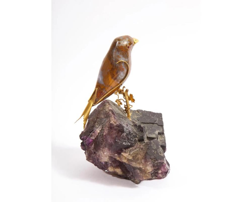 19th Century 14k Gold Mounted Agate Bird on Carved Amethyst Rock For Sale