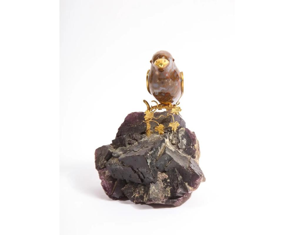 14k Gold Mounted Agate Bird on Carved Amethyst Rock For Sale 1
