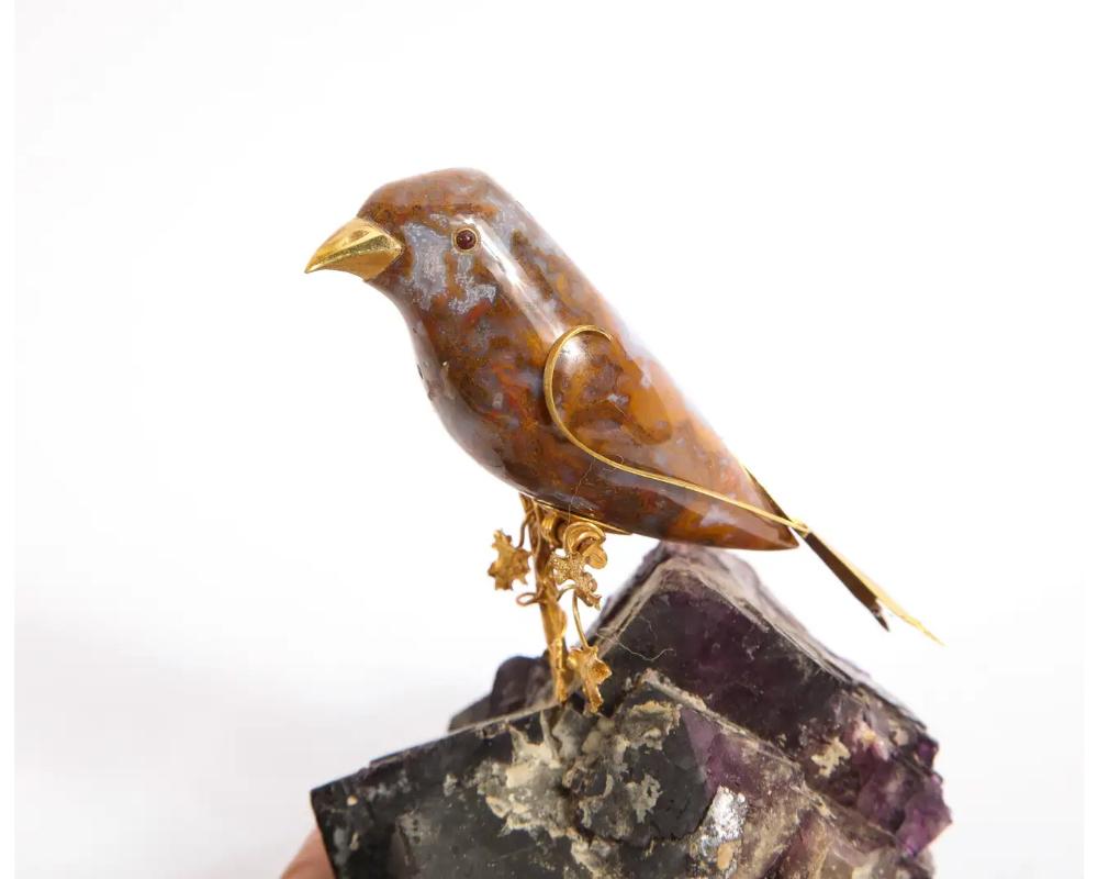 14k Gold Mounted Agate Bird on Carved Amethyst Rock For Sale 2