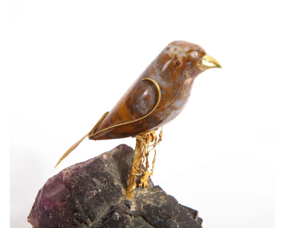 14k Gold Mounted Agate Bird on Carved Amethyst Rock For Sale 3