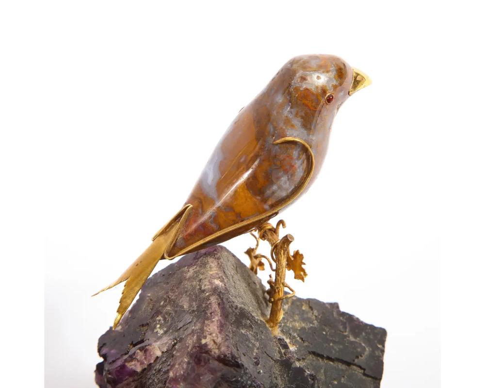 14k Gold Mounted Agate Bird on Carved Amethyst Rock For Sale 4