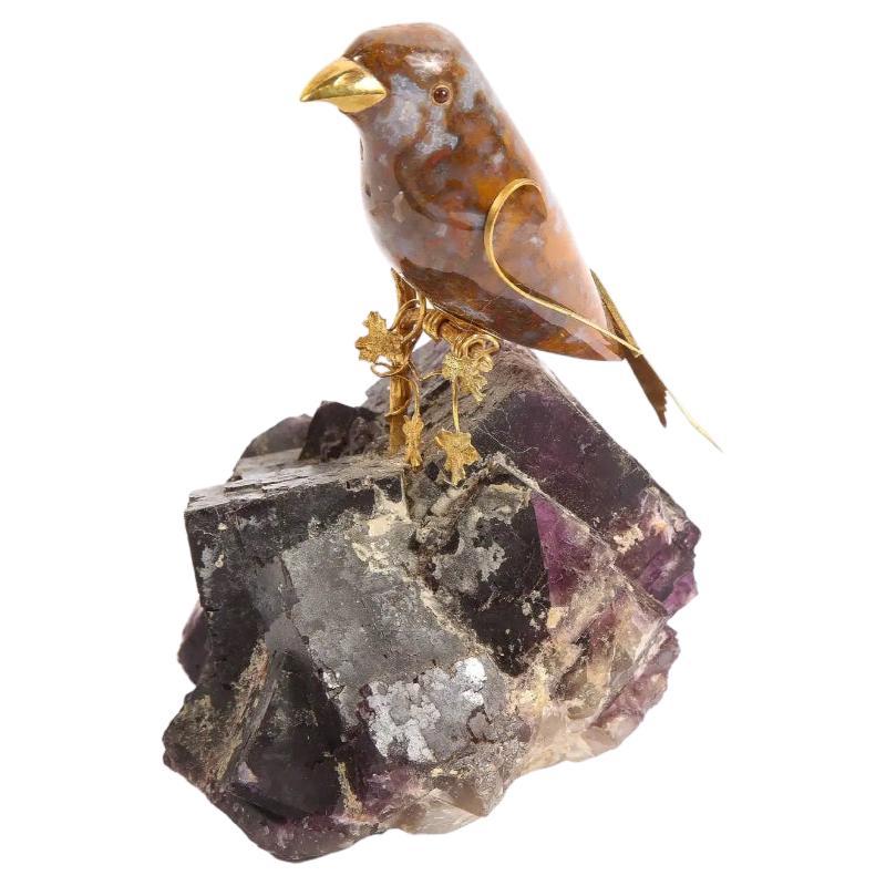 14k Gold Mounted Agate Bird on Carved Amethyst Rock For Sale