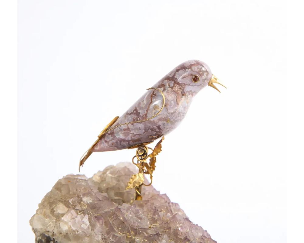 14k Gold Mounted Agate Bird on Fluorite Stone, Mounted on Black Glass For Sale 5