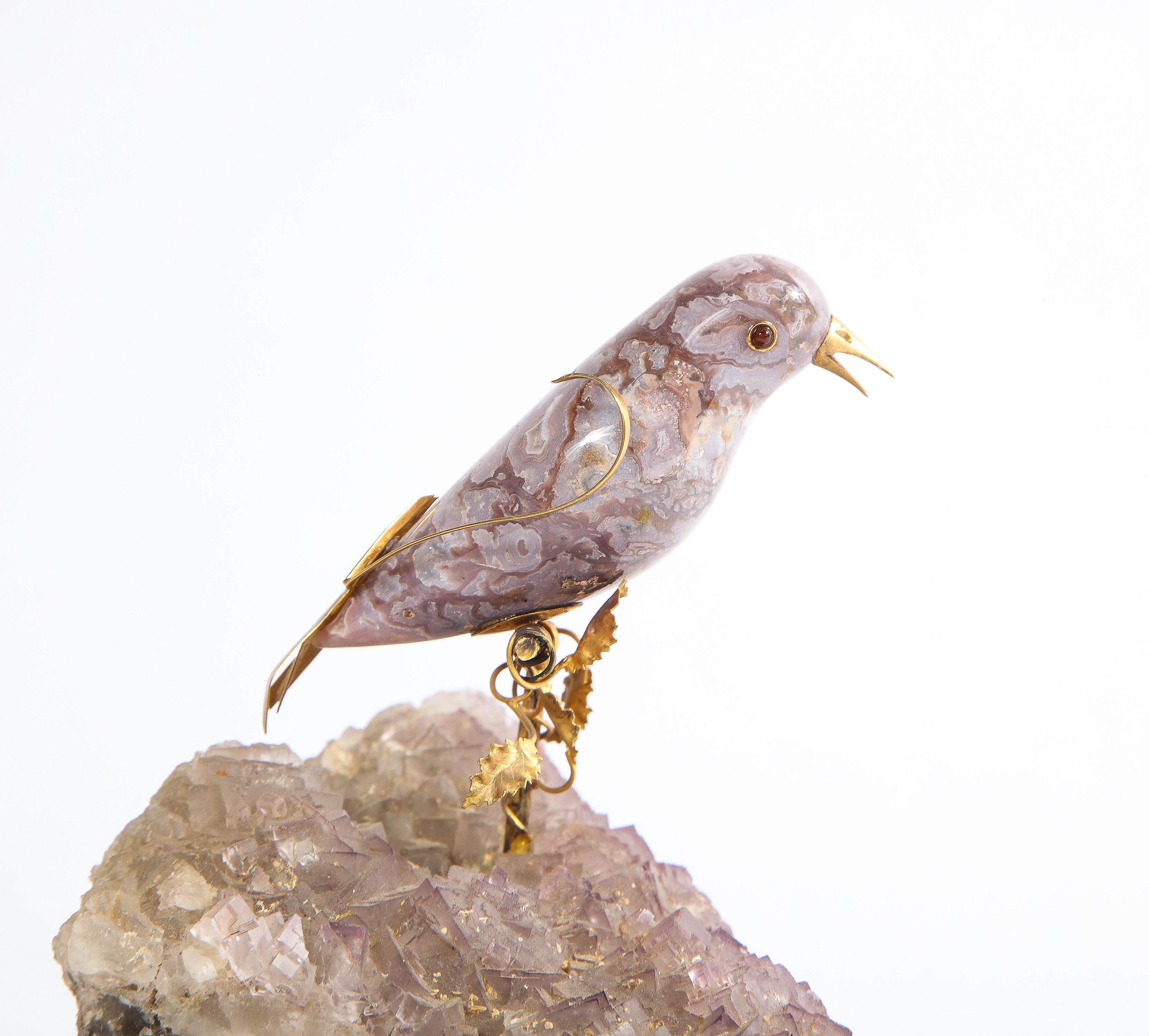 14k Gold Mounted Agate Bird on Fluorite Stone, Mounted on Black Glass 5
