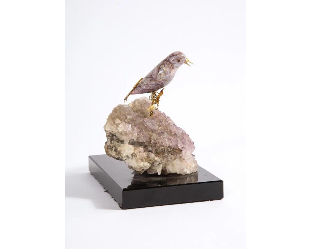 14k Gold Mounted Agate Bird on Fluorite Stone, Mounted on Black Glass For Sale 6