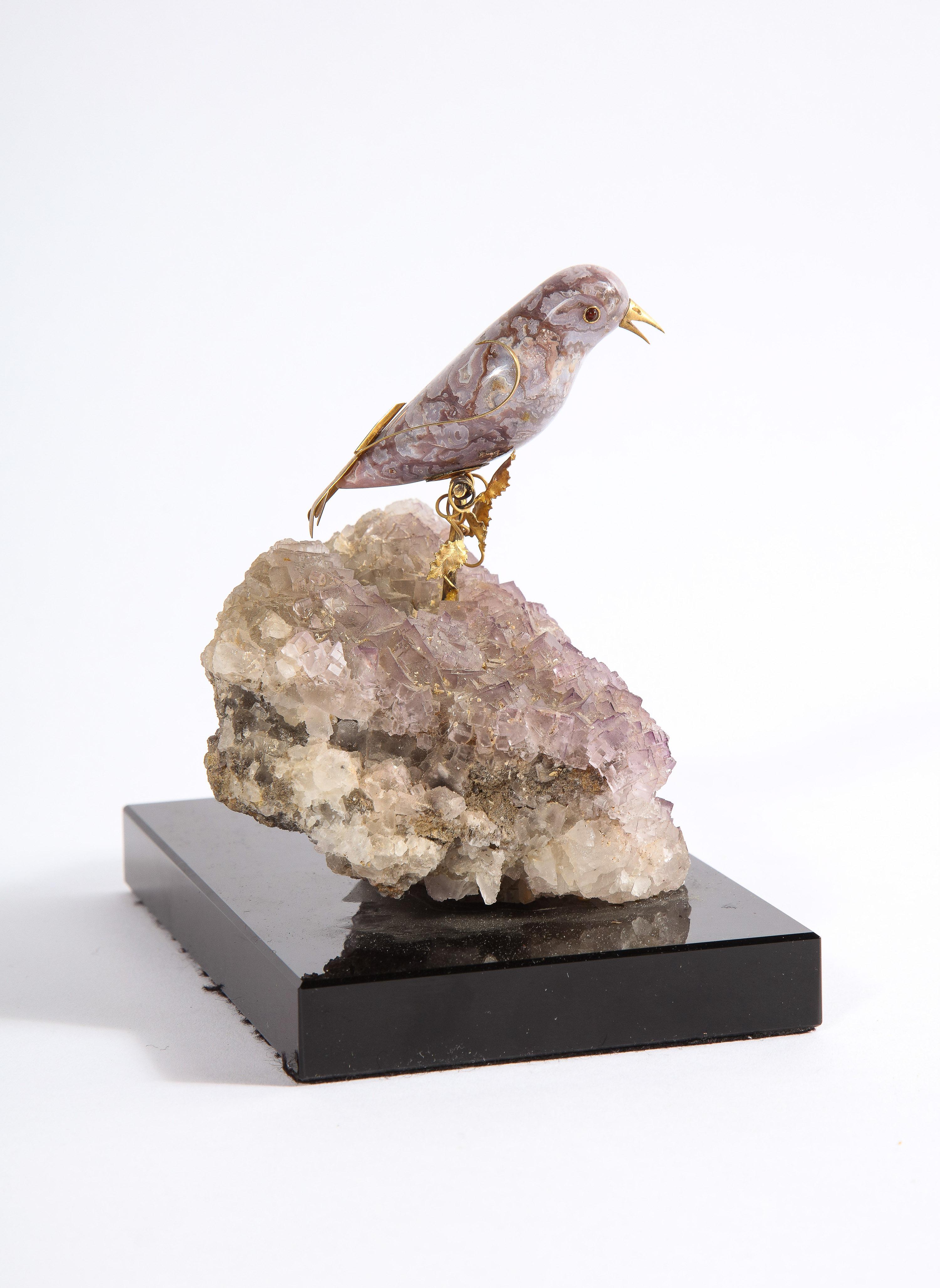 14k Gold Mounted Agate Bird on Fluorite Stone, Mounted on Black Glass 6