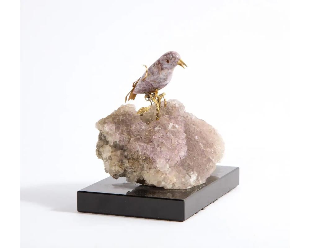 14k Gold Mounted Agate Bird on Fluorite Stone, Mounted on Black Glass For Sale 7