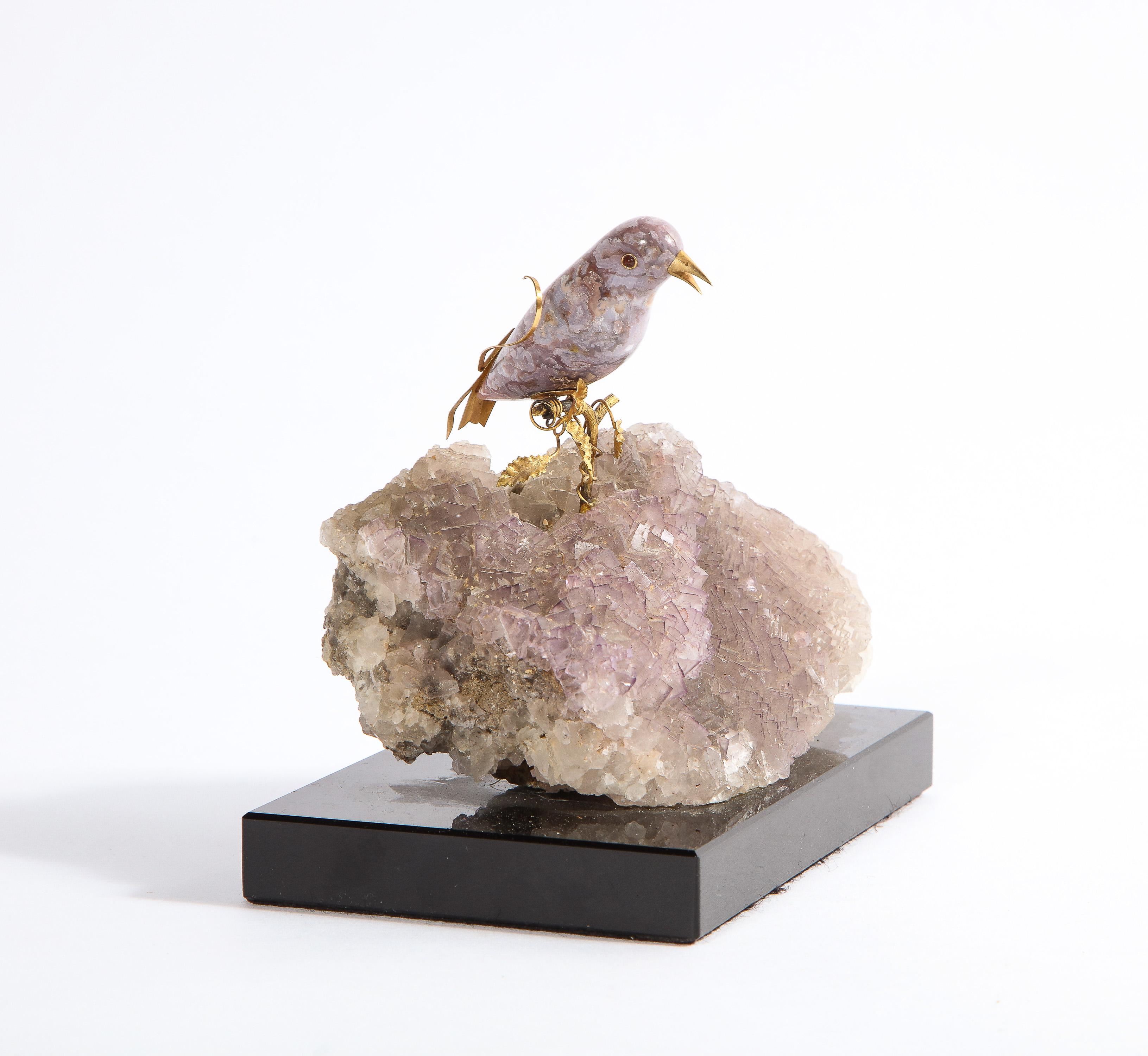 14k Gold Mounted Agate Bird on Fluorite Stone, Mounted on Black Glass 7