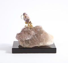 14k Gold Mounted Agate Bird on Fluorite Stone, Mounted on Black Glass