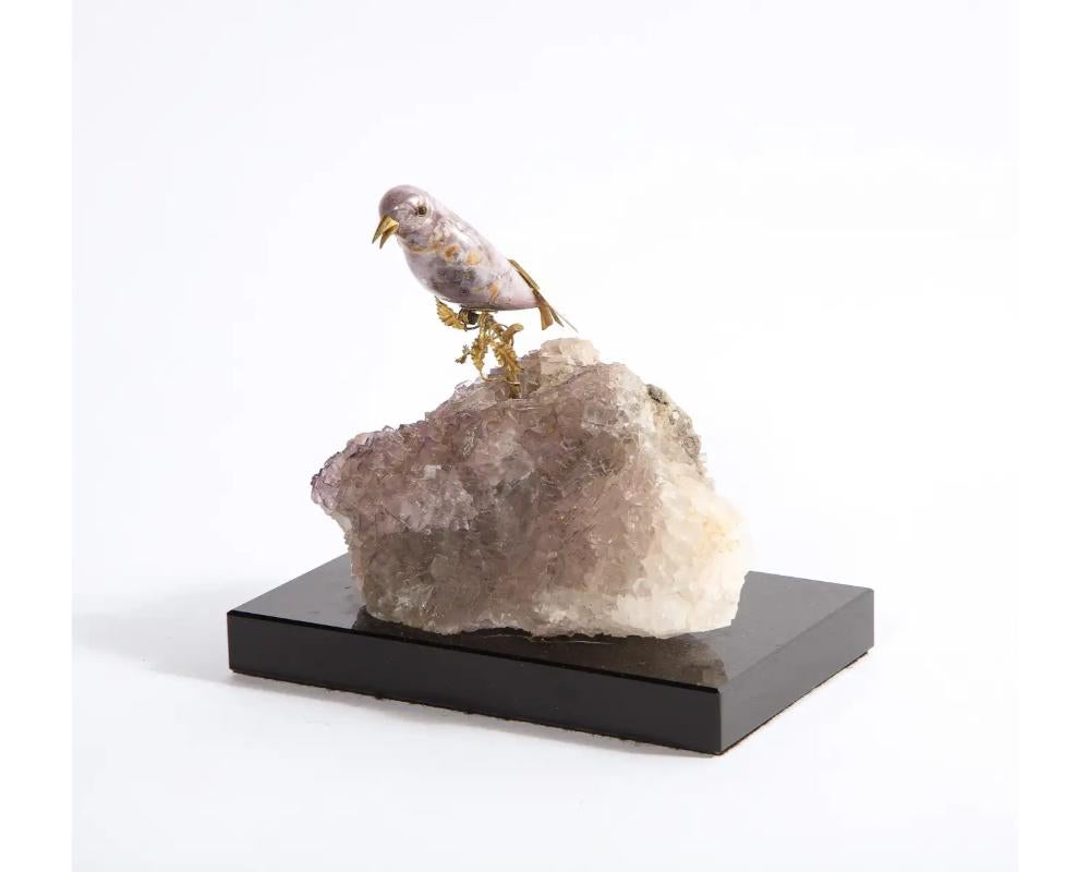 Unknown 14k Gold Mounted Agate Bird on Fluorite Stone, Mounted on Black Glass For Sale