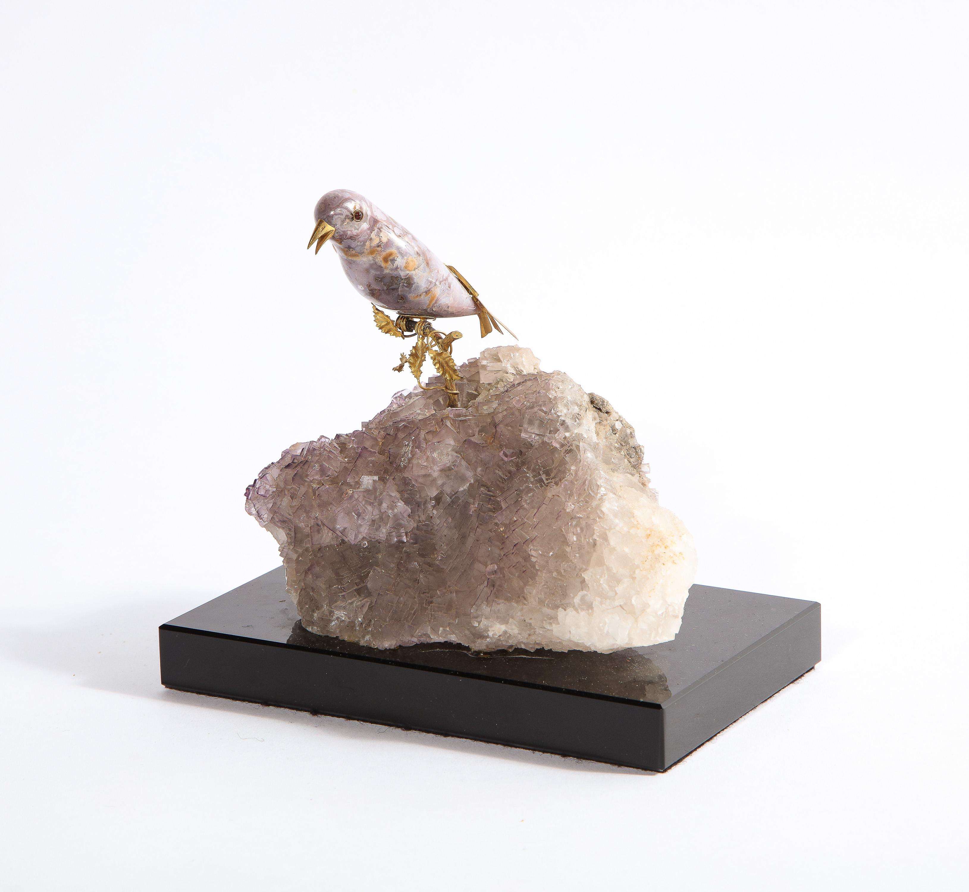 Single Cut 14k Gold Mounted Agate Bird on Fluorite Stone, Mounted on Black Glass