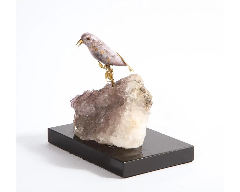 14k Gold Mounted Agate Bird on Fluorite Stone, Mounted on Black Glass In Good Condition For Sale In New York, NY