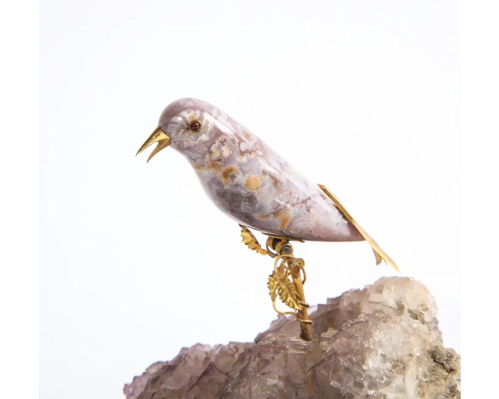 19th Century 14k Gold Mounted Agate Bird on Fluorite Stone, Mounted on Black Glass For Sale