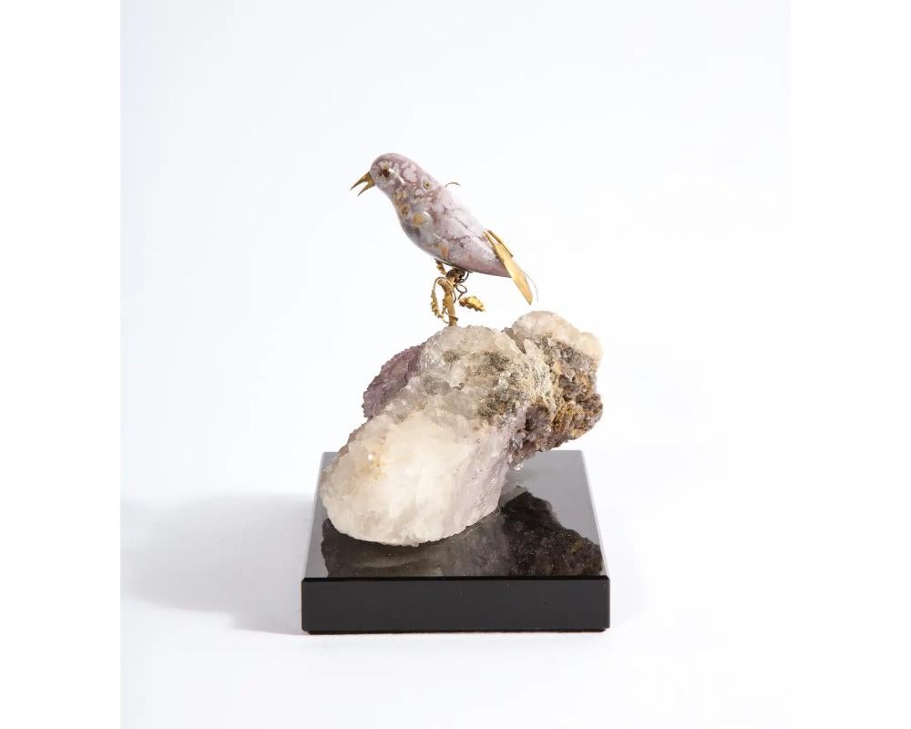 14k Gold Mounted Agate Bird on Fluorite Stone, Mounted on Black Glass For Sale 1