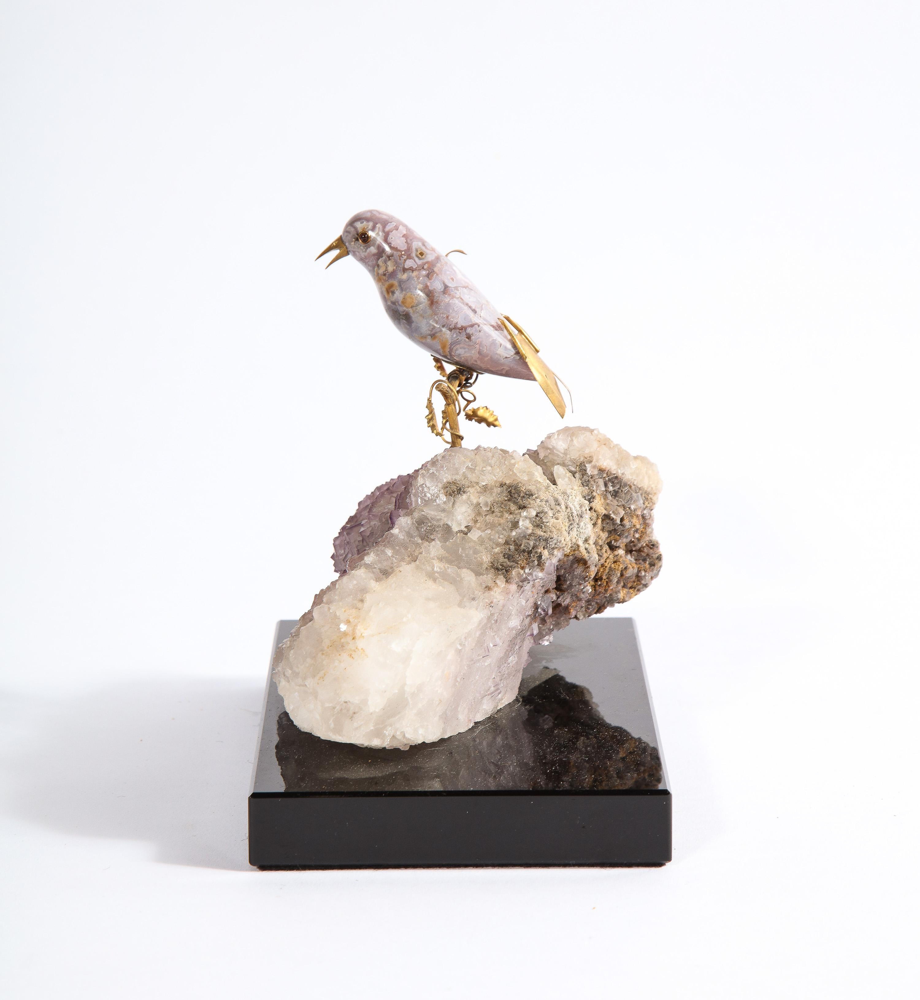 14k Gold Mounted Agate Bird on Fluorite Stone, Mounted on Black Glass 1
