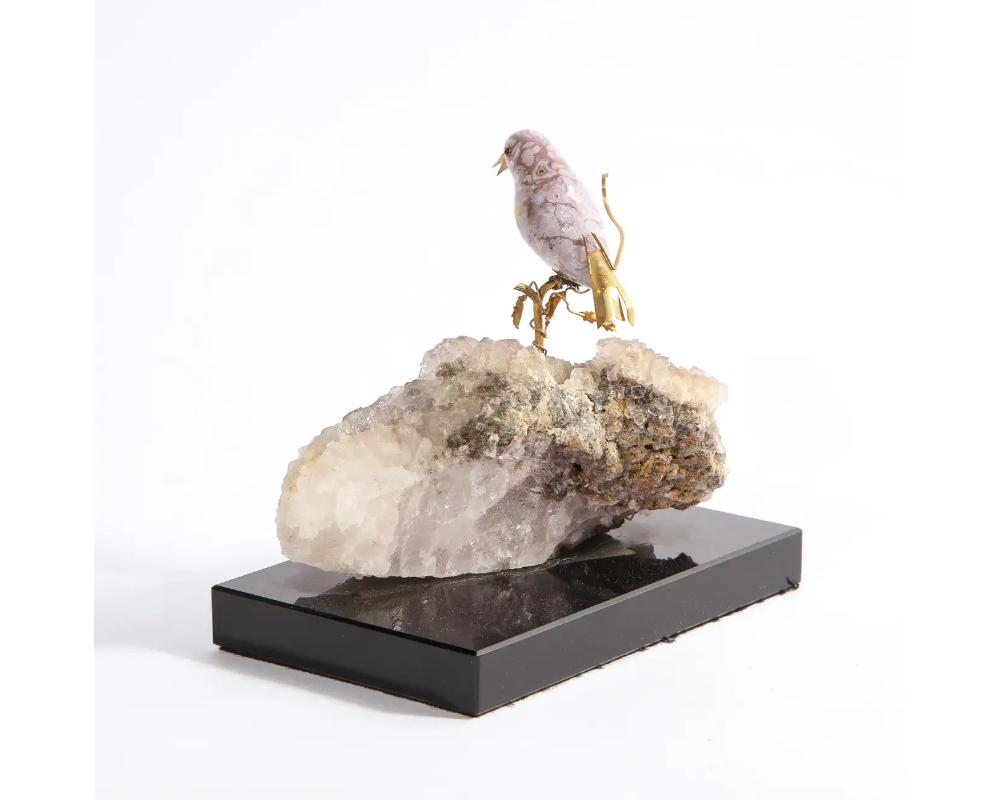 14k Gold Mounted Agate Bird on Fluorite Stone, Mounted on Black Glass For Sale 2