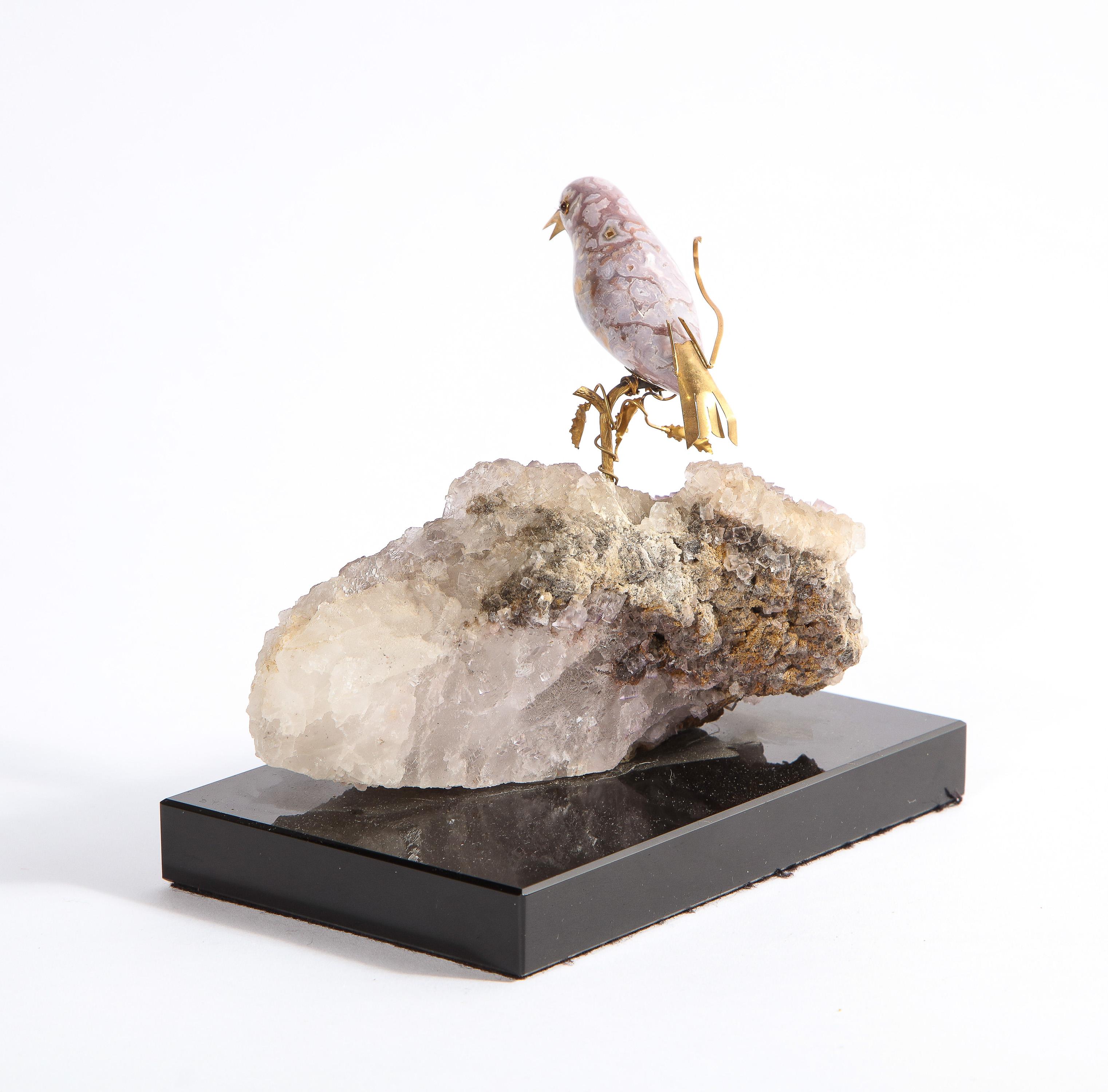 14k Gold Mounted Agate Bird on Fluorite Stone, Mounted on Black Glass 2