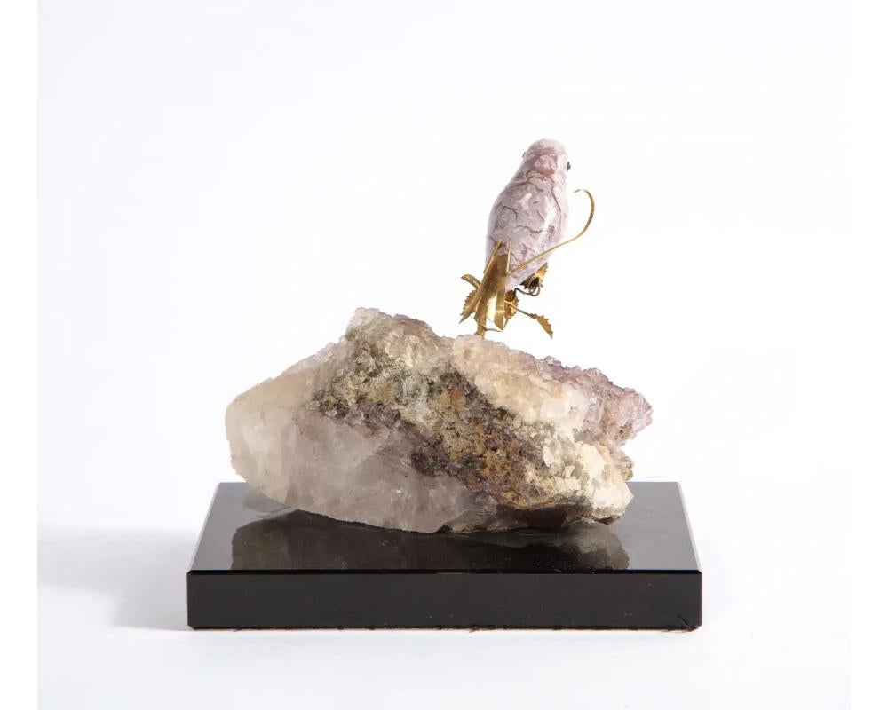 14k Gold Mounted Agate Bird on Fluorite Stone, Mounted on Black Glass For Sale 3