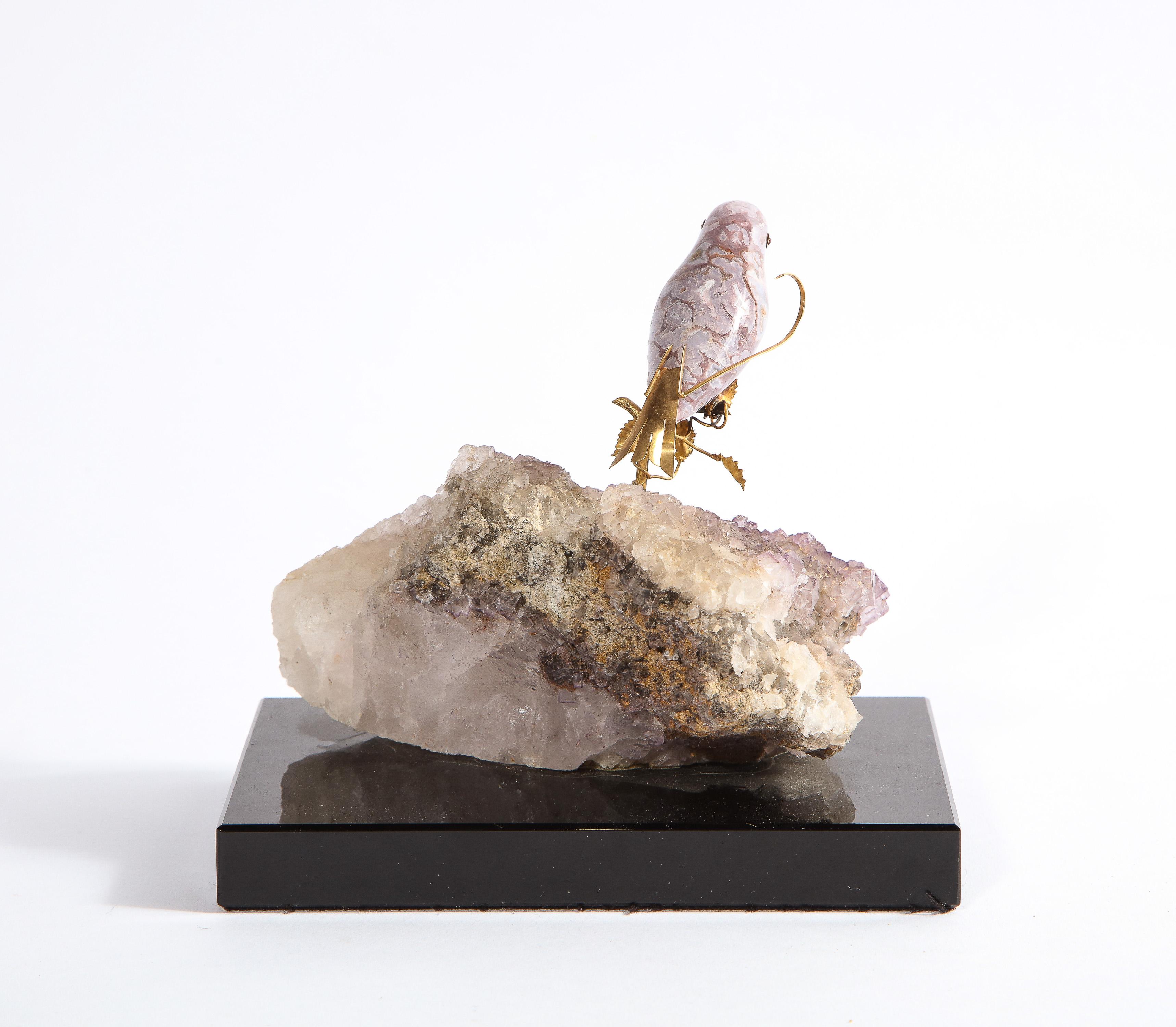 14k Gold Mounted Agate Bird on Fluorite Stone, Mounted on Black Glass 3