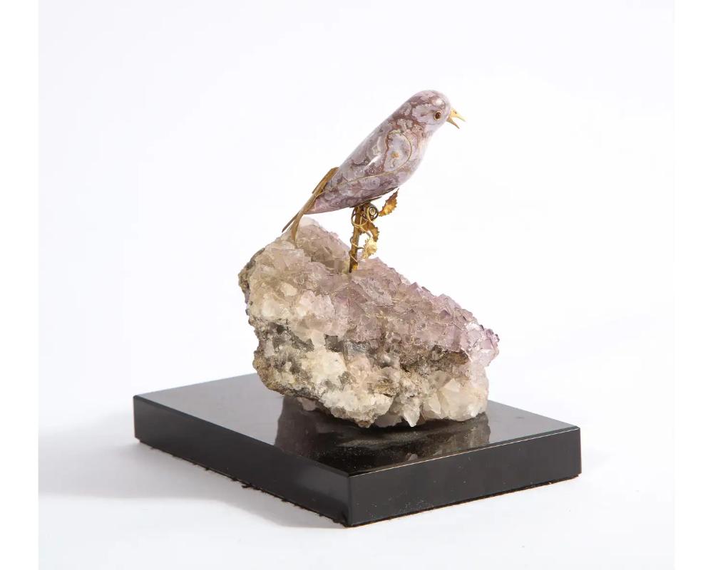 14k Gold Mounted Agate Bird on Fluorite Stone, Mounted on Black Glass For Sale 4