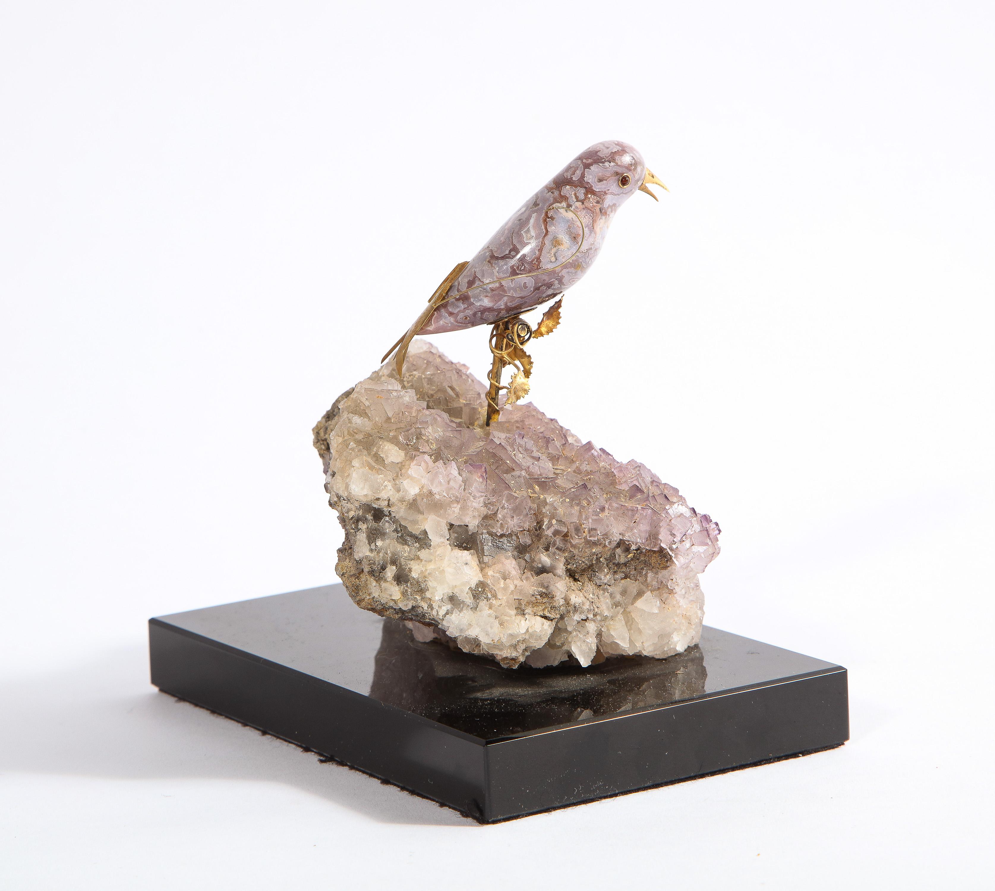 14k Gold Mounted Agate Bird on Fluorite Stone, Mounted on Black Glass 4
