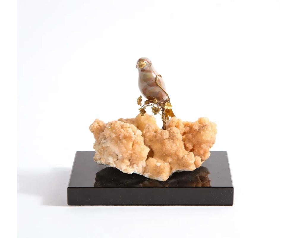 Unknown 14K Gold Mounted Agate Bird on Selenium Stone, Mounted on Black Glass For Sale