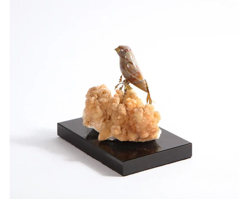 14K Gold Mounted Agate Bird on Selenium Stone, Mounted on Black Glass In Good Condition For Sale In New York, NY