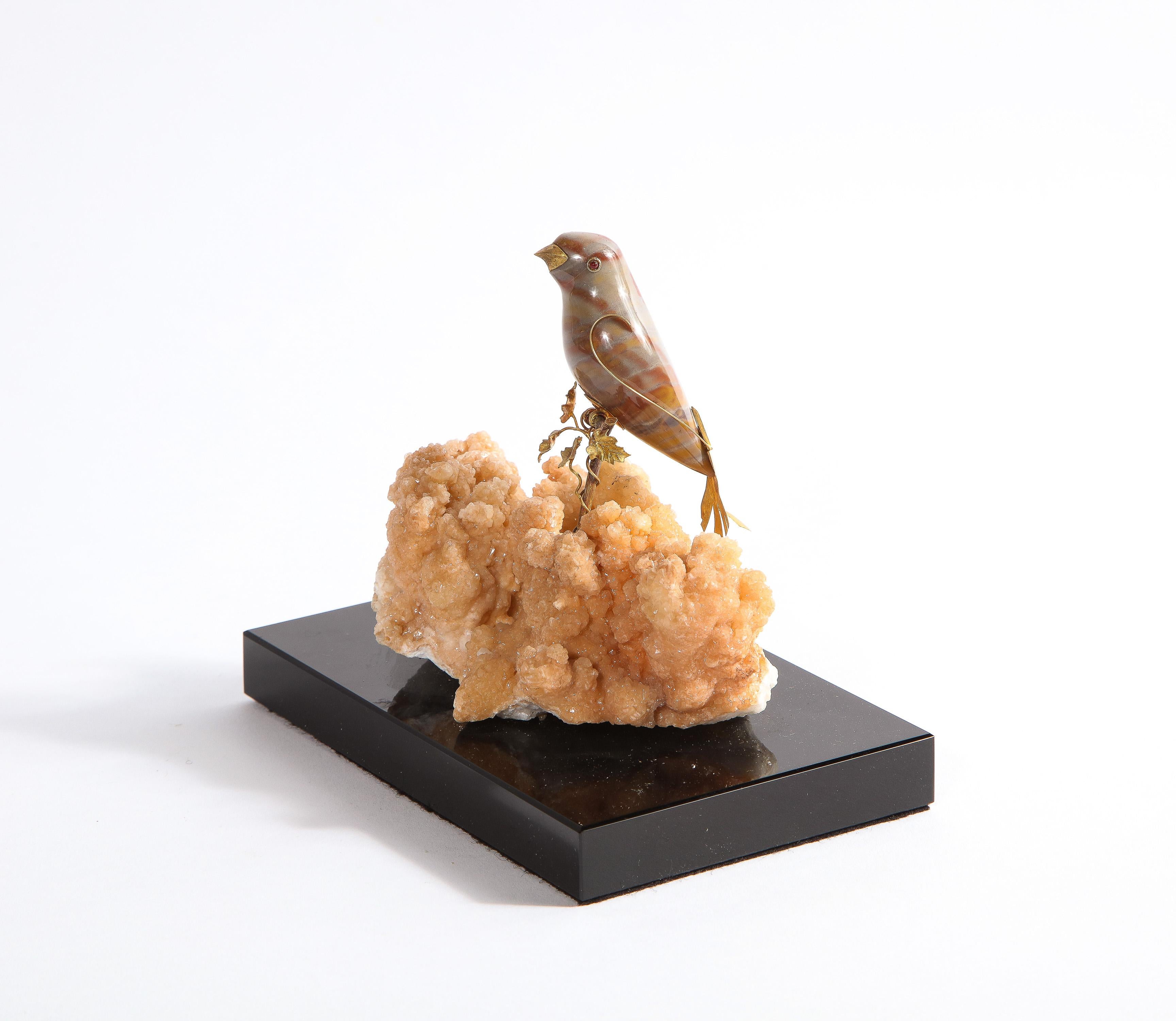 14K Gold Mounted Agate Bird on Selenium Stone, Mounted on Black Glass In Good Condition In New York, NY