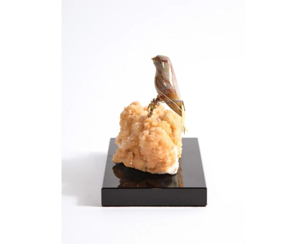 19th Century 14K Gold Mounted Agate Bird on Selenium Stone, Mounted on Black Glass For Sale