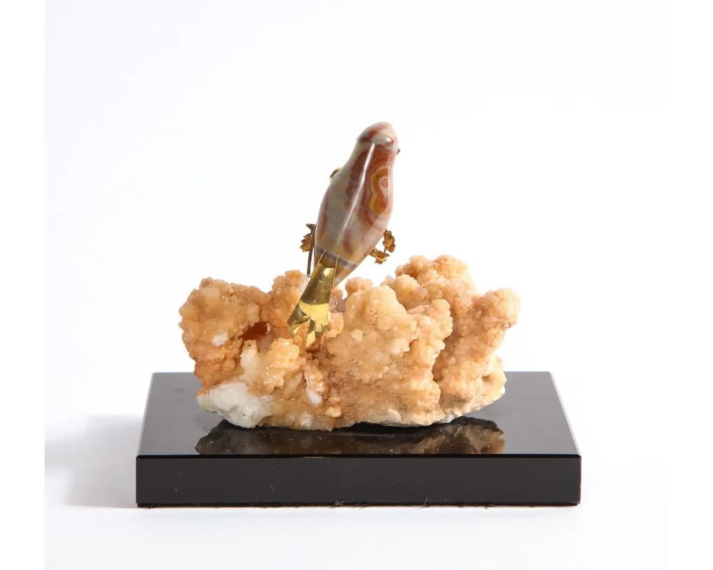 14K Gold Mounted Agate Bird on Selenium Stone, Mounted on Black Glass For Sale 1