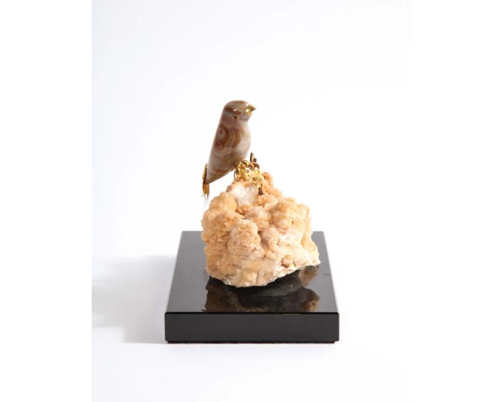 14K Gold Mounted Agate Bird on Selenium Stone, Mounted on Black Glass For Sale 2