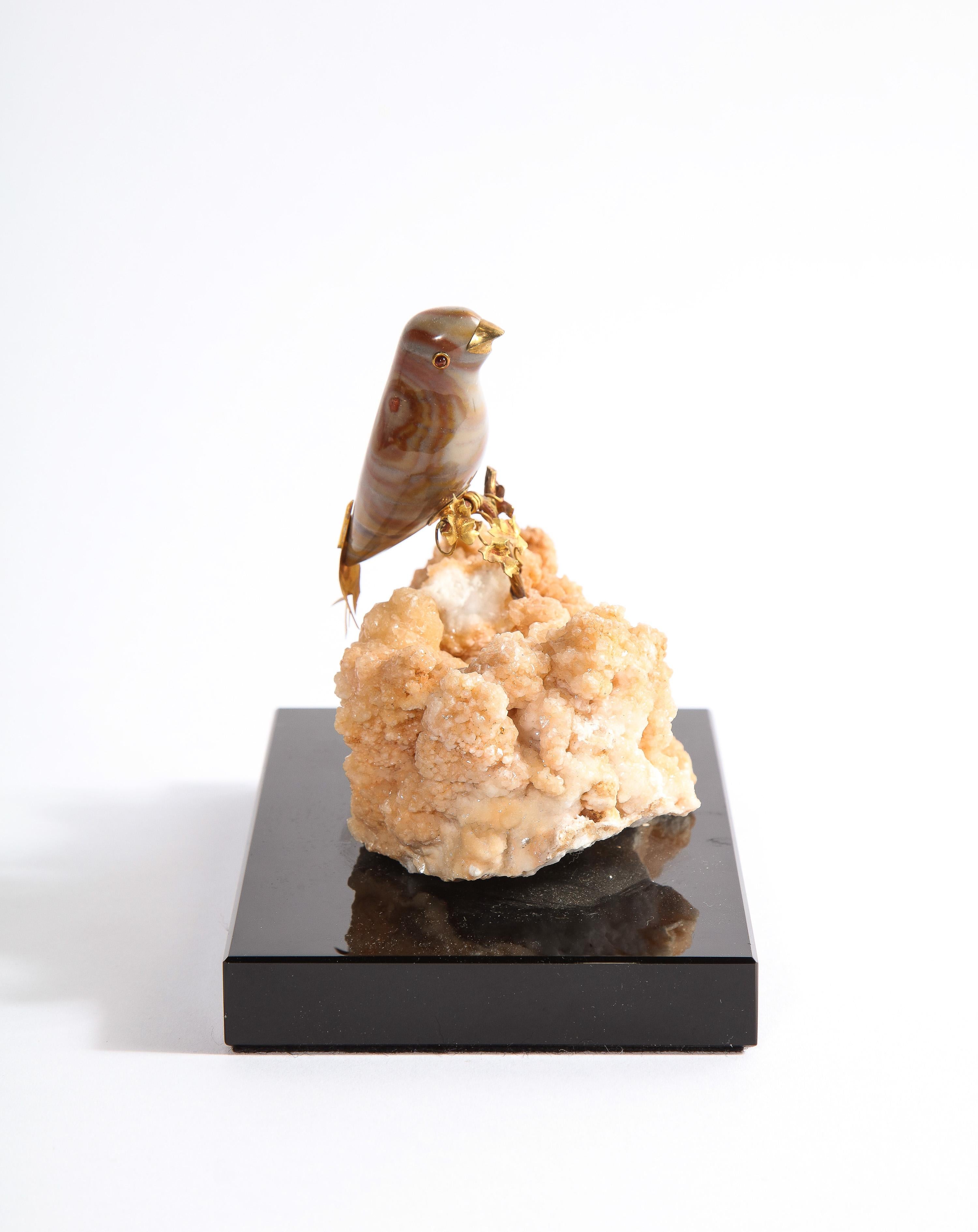 14K Gold Mounted Agate Bird on Selenium Stone, Mounted on Black Glass 2