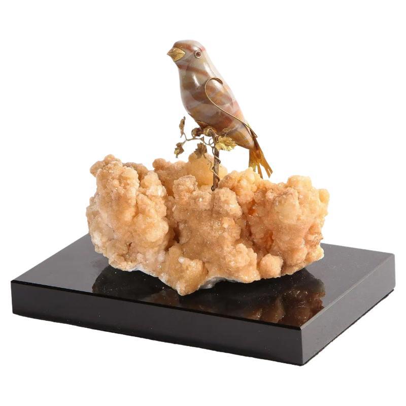 14K Gold Mounted Agate Bird on Selenium Stone, Mounted on Black Glass For Sale