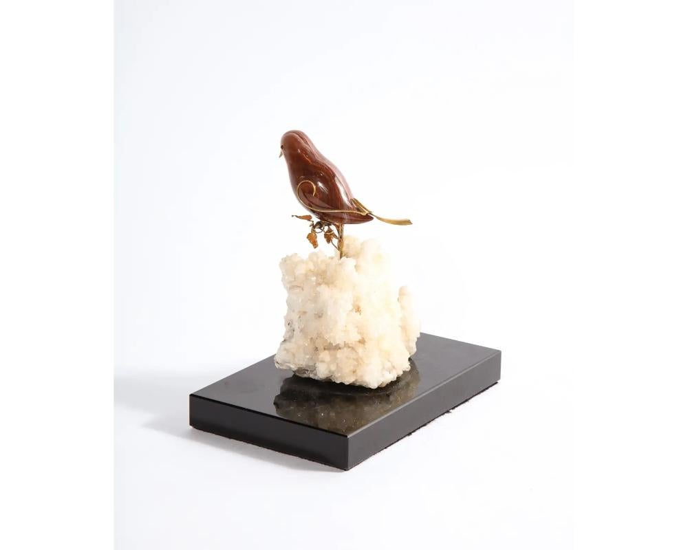14k Gold Mounted Jasper Bird on White Calcite Stone, Mounted on Black Glass For Sale 6