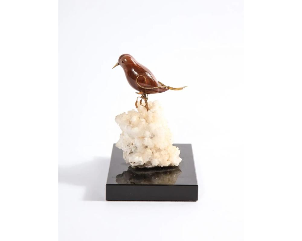 14k Gold Mounted Jasper Bird on White Calcite Stone, Mounted on Black Glass For Sale 7