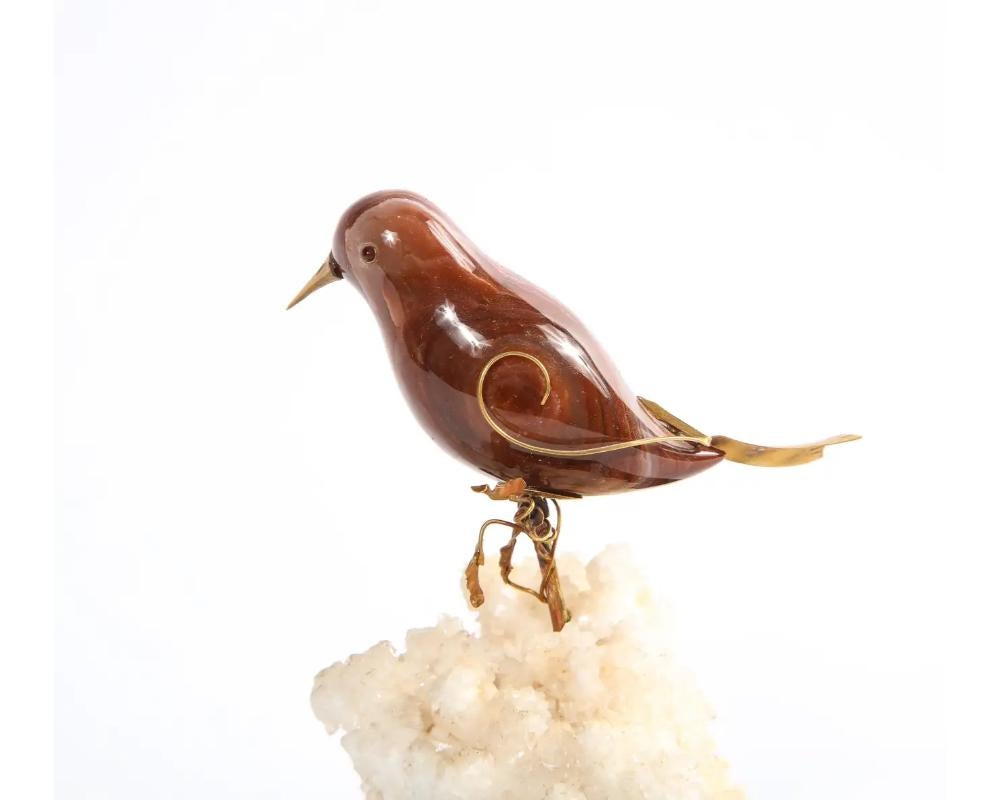 14k Gold Mounted Jasper Bird on White Calcite Stone, Mounted on Black Glass For Sale 8
