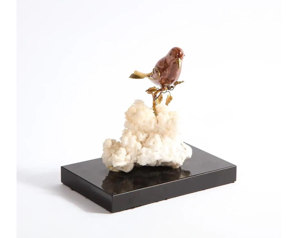 14k Gold Mounted Jasper Bird on White Calcite Stone, Mounted on Black Glass In Good Condition For Sale In New York, NY