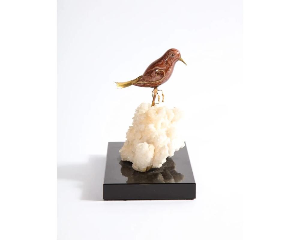 14k Gold Mounted Jasper Bird on White Calcite Stone, Mounted on Black Glass For Sale 1