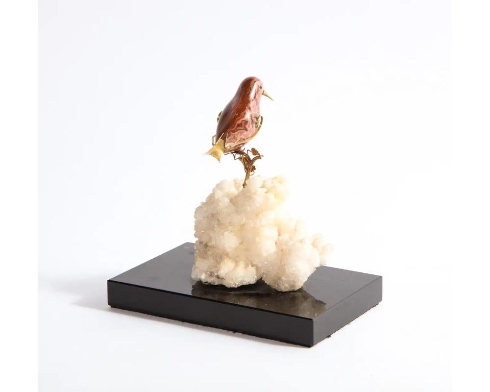 14k Gold Mounted Jasper Bird on White Calcite Stone, Mounted on Black Glass For Sale 3