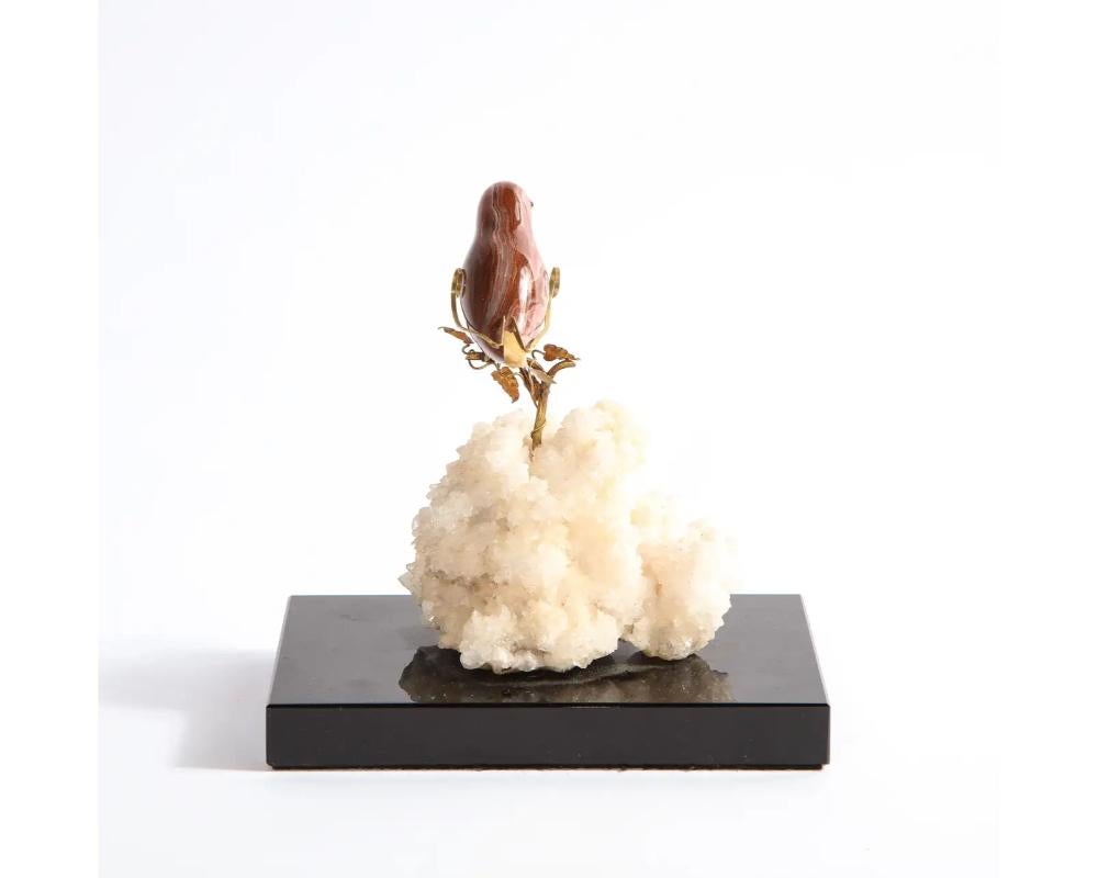 14k Gold Mounted Jasper Bird on White Calcite Stone, Mounted on Black Glass For Sale 4